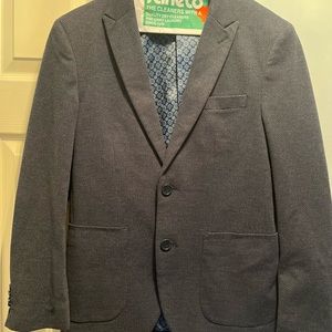 Boys Issac Mizrahi blue wool blazer with dots, suede elbow patches, Sz 16